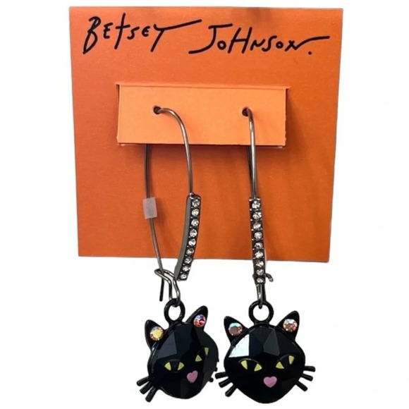 BETSEY JOHNSON Halloween Angular Cut Black Cat with Crystals Dangle Earrings NWT - Picture 1 of 8